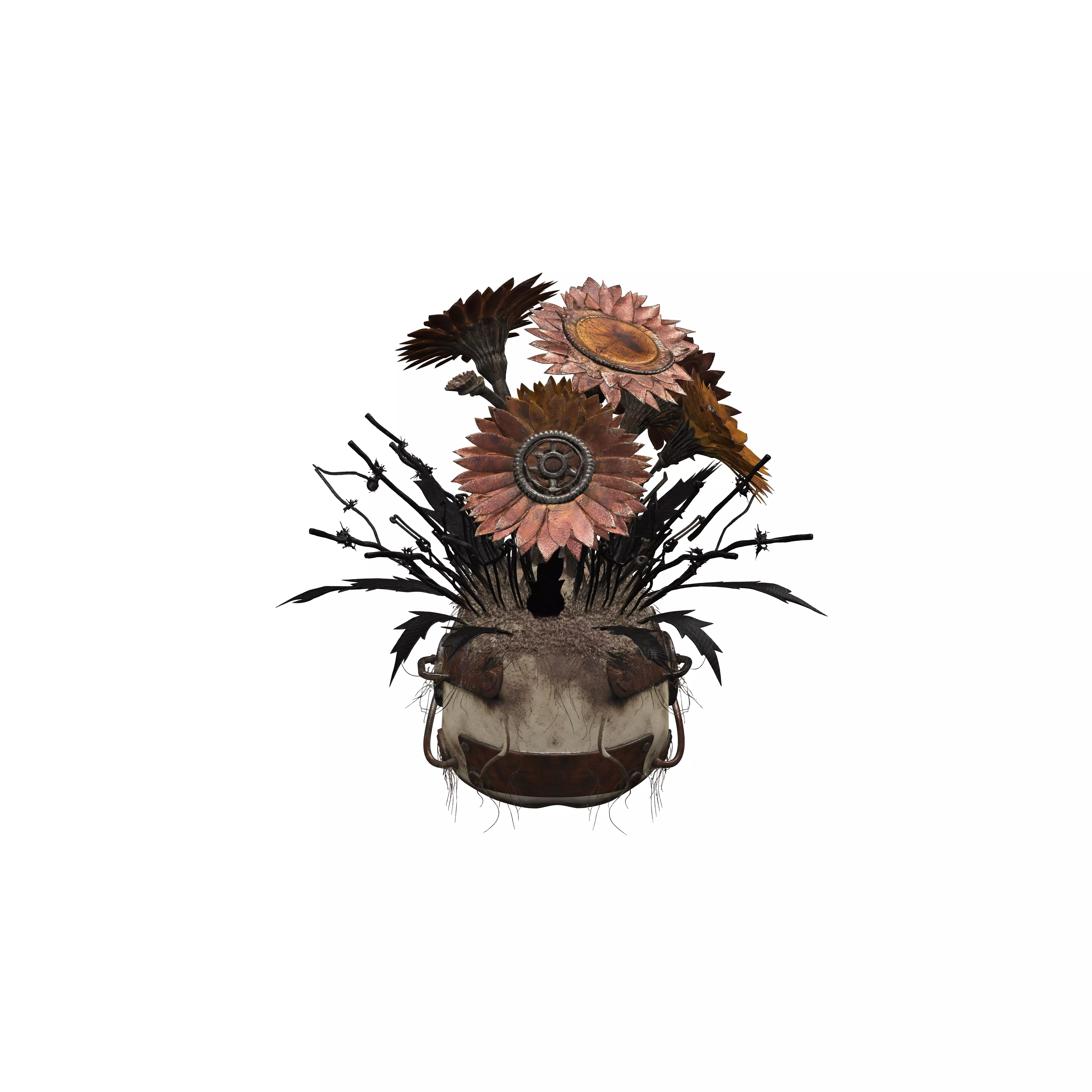 A trophy arrangement set in a modified grimy human skull vase 3D model