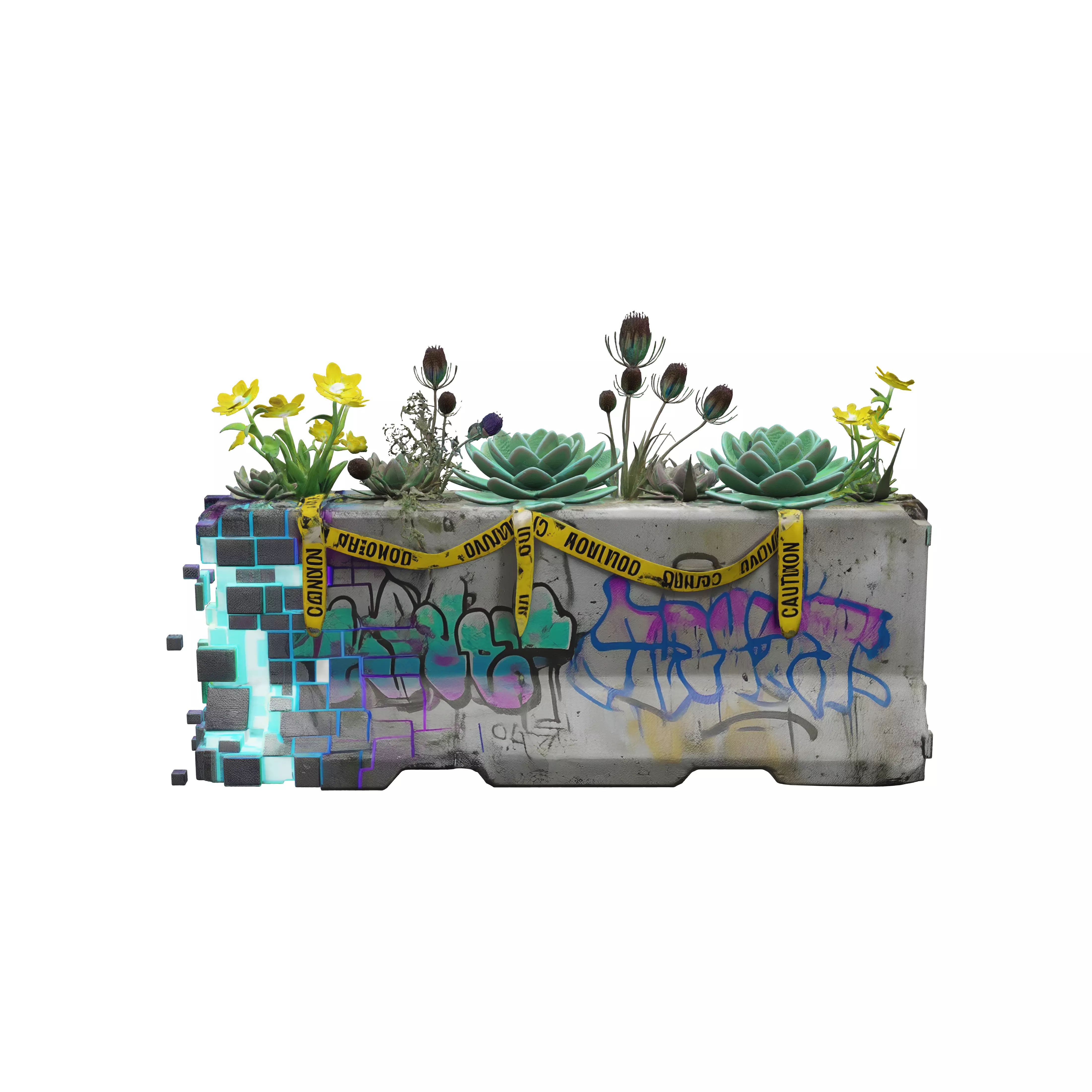 A desolate concrete traffic barrier scarred with faded graffit 3D model