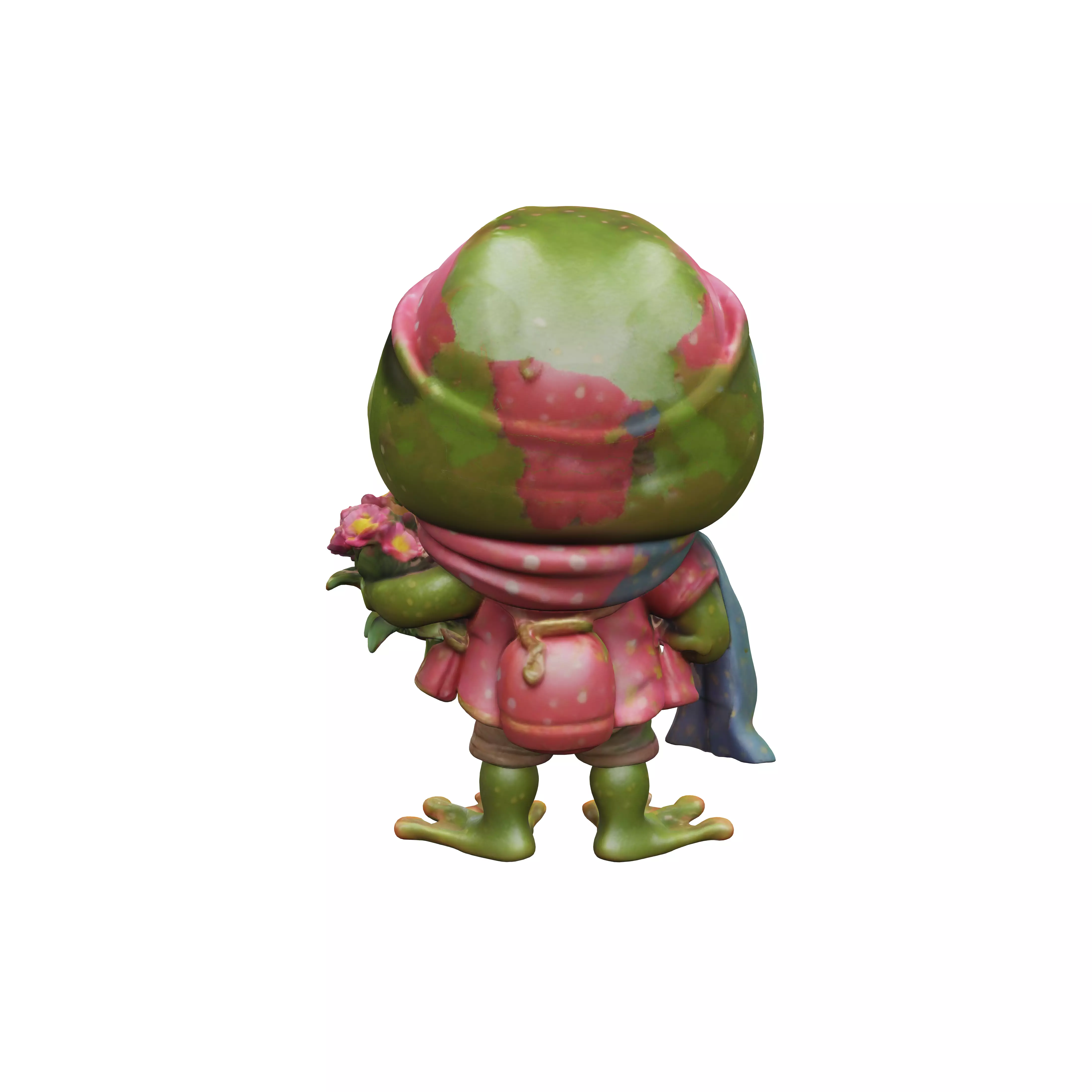 A frog adventurer wearing flamboyant clothing He is holding a 3D model