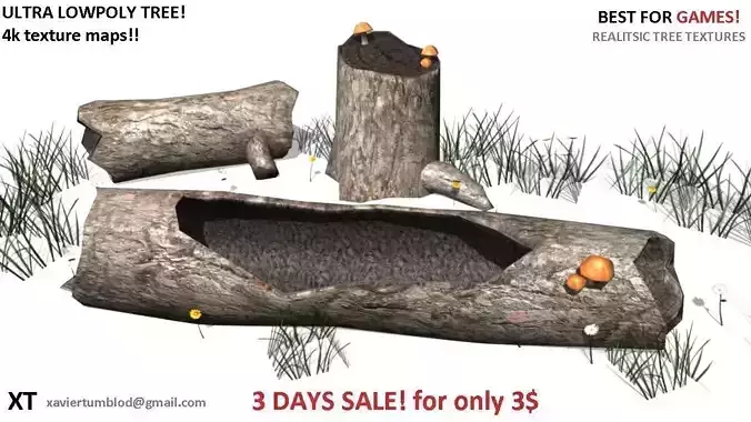 Low poly dead tree and stump Low-poly 3D model