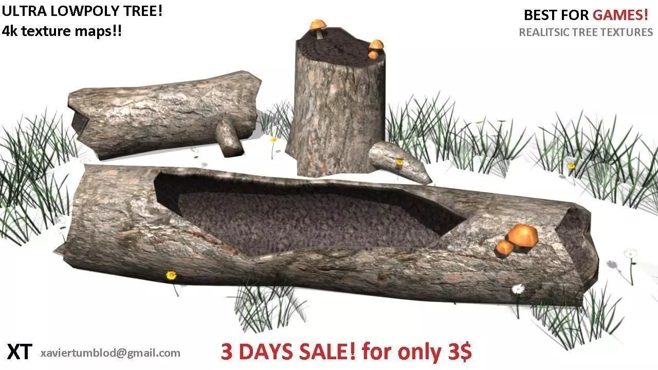Low poly dead tree and stump Low-poly 3D model_0