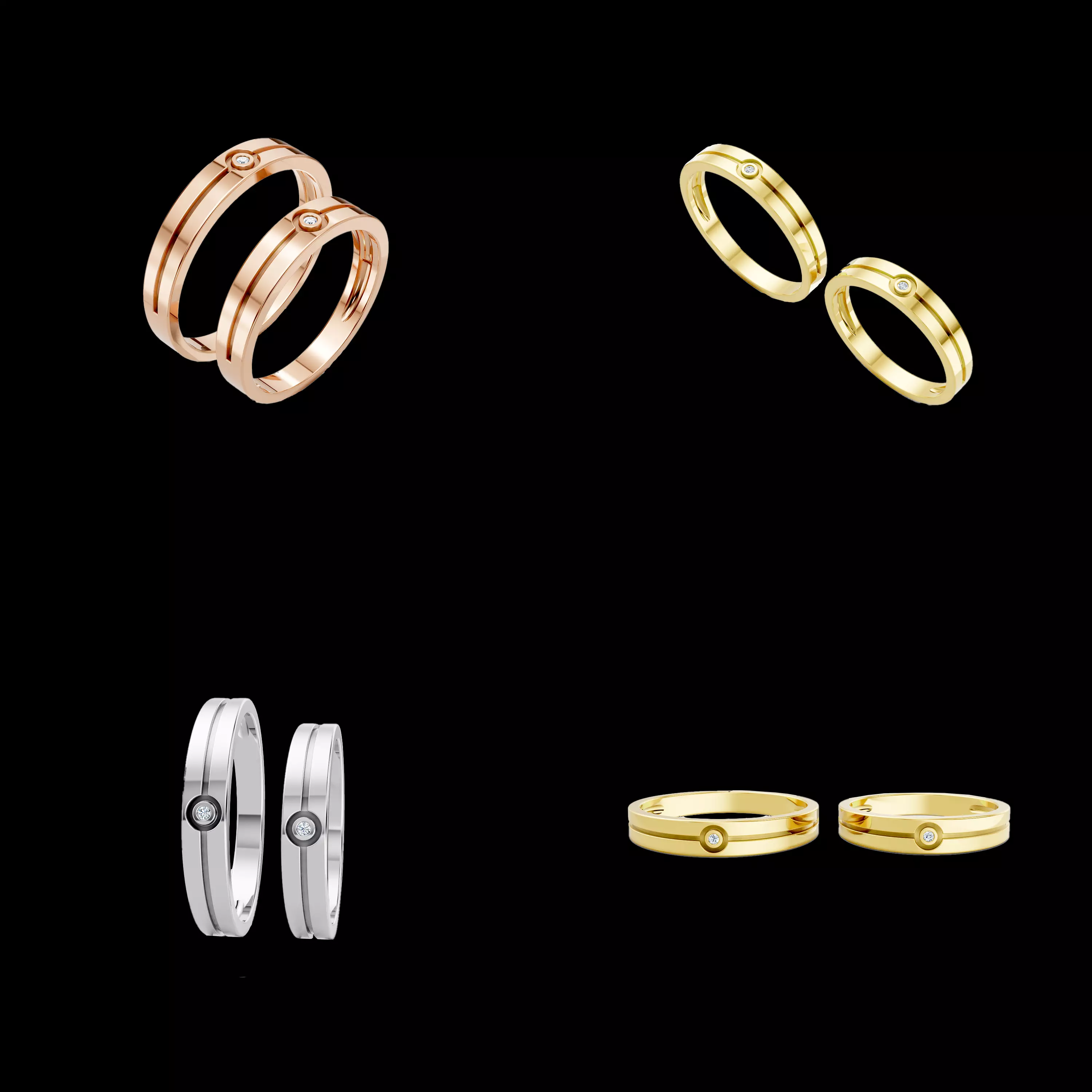 Couple Diamond Wedding Ring CAD STL 3DM Matching Band Design Set 3D print model
