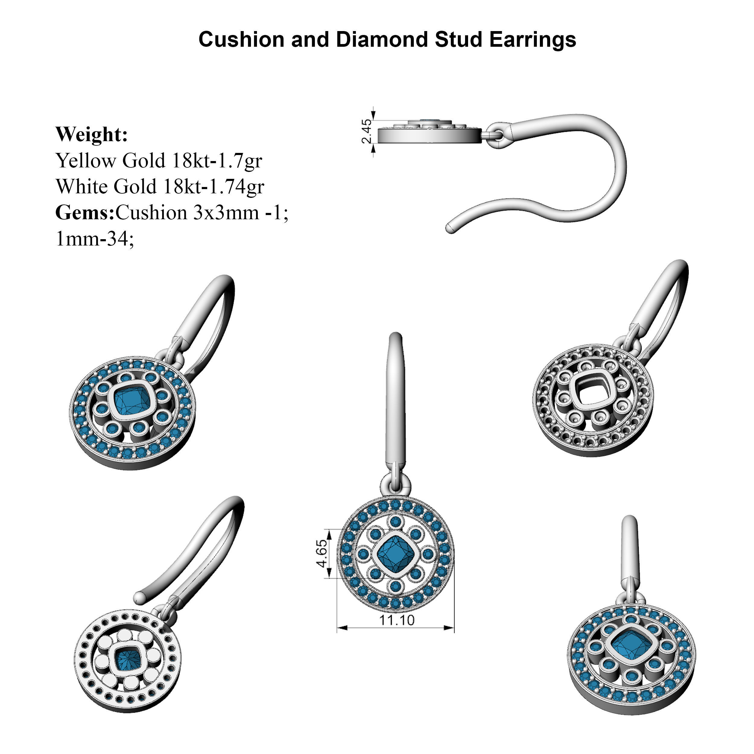 Cushion and Diamond Stud Earrings 3D print model_2