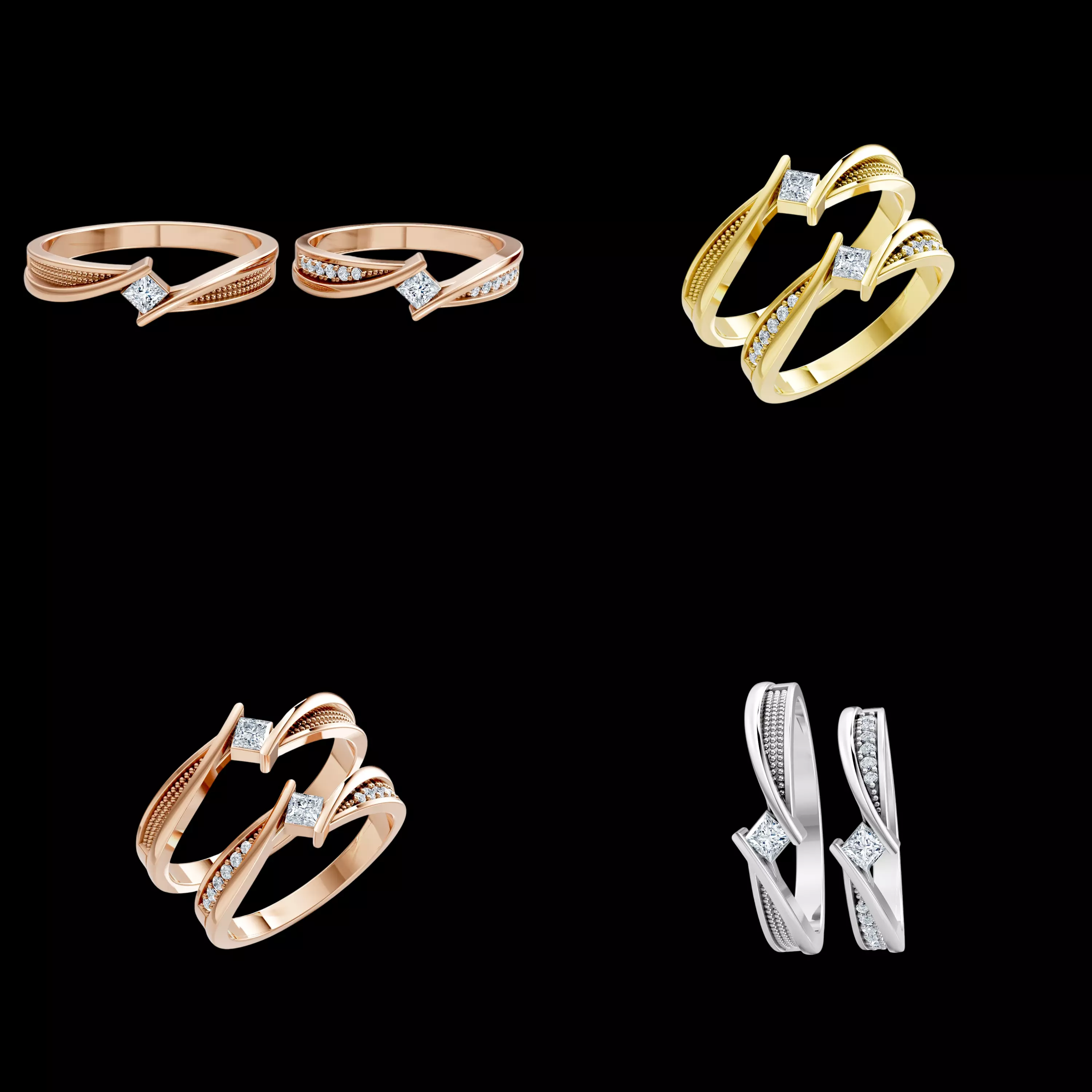 Princess Diamond Couple Ring CAD STL 3DM Wedding Band Set 3D print model