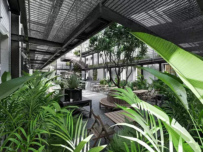 Industrial Glass Atrium Interior and Exterior Low-poly 3D model 5