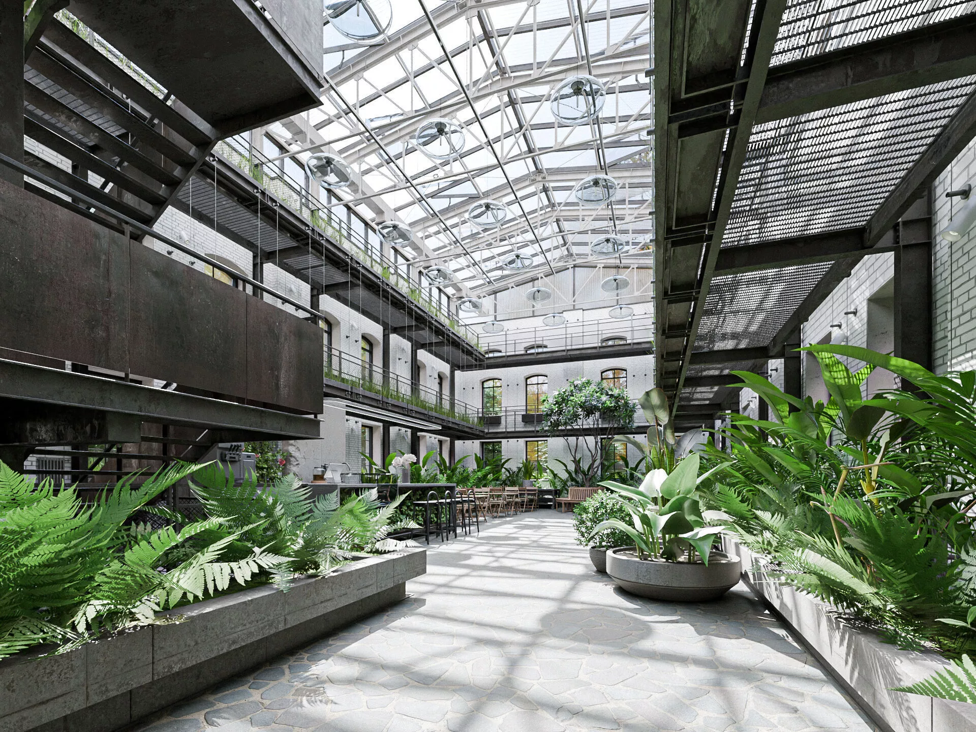 Industrial Glass Atrium Interior and Exterior Low-poly 3D model