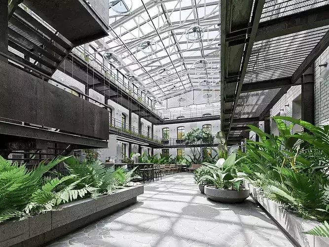 Industrial Glass Atrium Interior and Exterior Low-poly 3D model