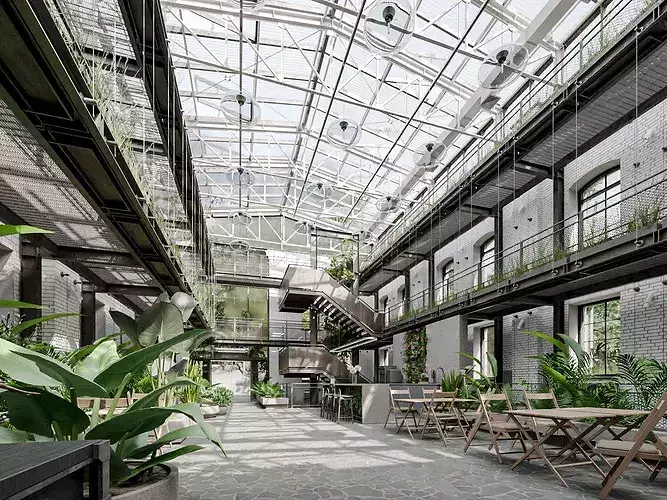 Industrial Glass Atrium Interior and Exterior Low-poly 3D model 4