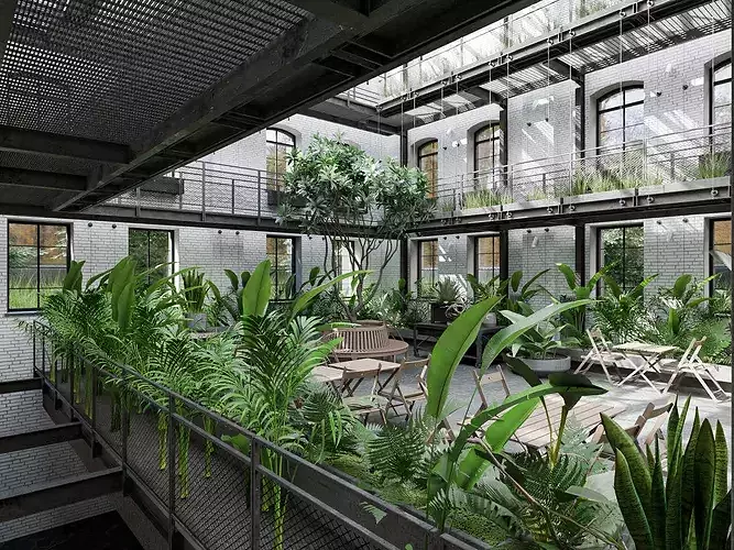 Industrial Glass Atrium Interior and Exterior Low-poly 3D model 2