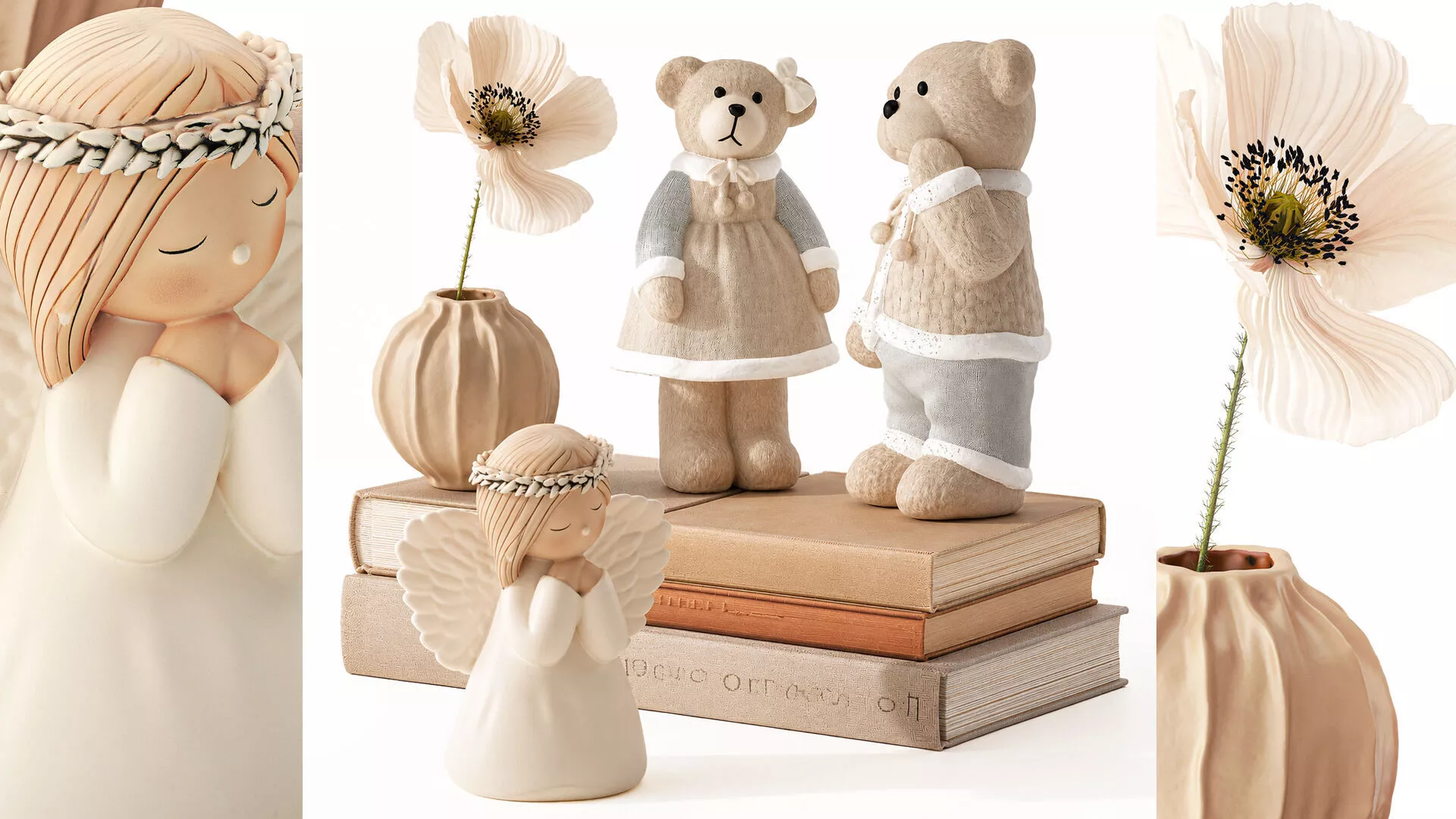 Table set vase bouquet poppy teddy angel books Figurine 3D model