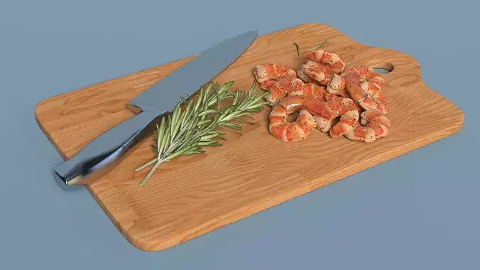 Cooked Shrimps on Chopping Board 3D model 4