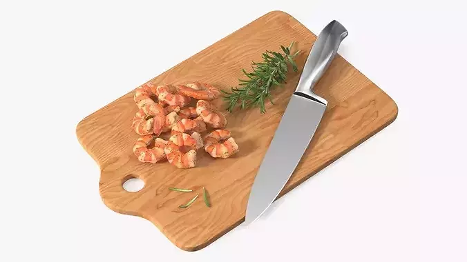 Cooked Shrimps on Chopping Board 3D model