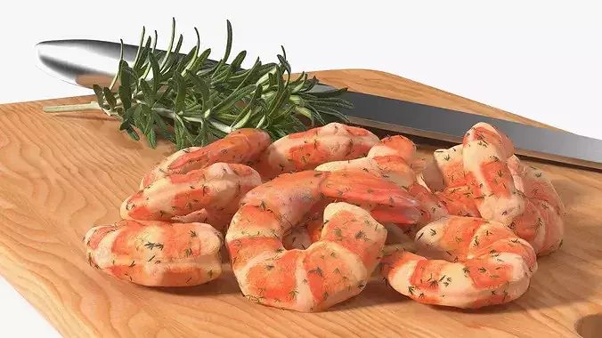 Cooked Shrimps on Chopping Board 3D model 6