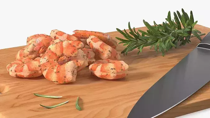 Cooked Shrimps on Chopping Board 3D model 7