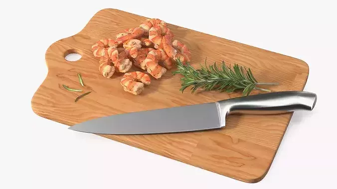 Cooked Shrimps on Chopping Board 3D model 5