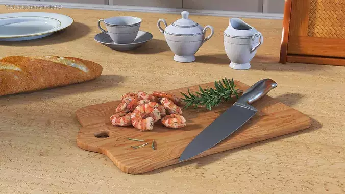 Cooked Shrimps on Chopping Board 3D model 2