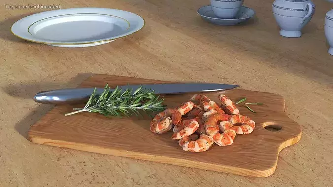 Cooked Shrimps on Chopping Board 3D model 3