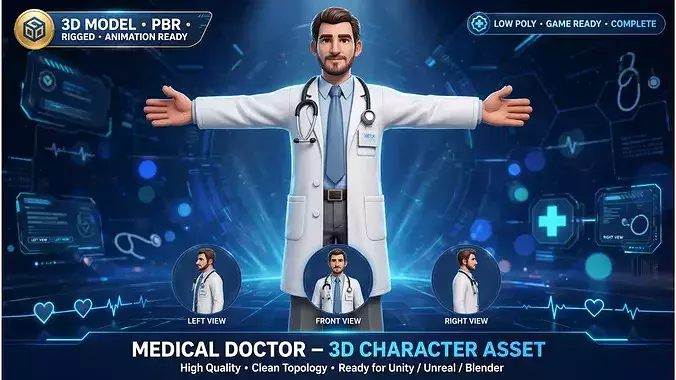 Medical Doctor 3D Character Rigged Low Poly PBR Game Ready