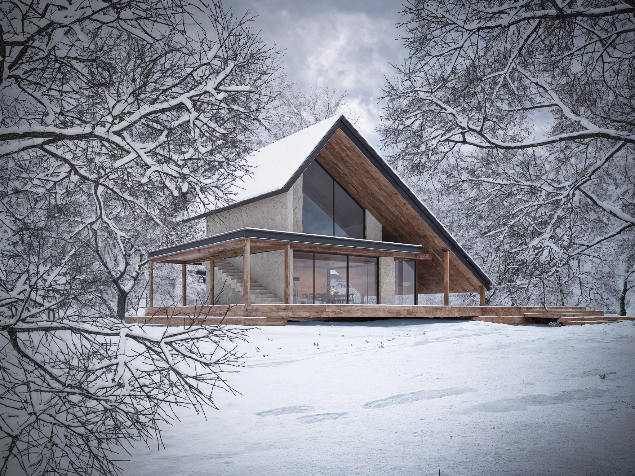 Photorealistic Nordic A-Frame Cabin in Winter Landscape 3D model