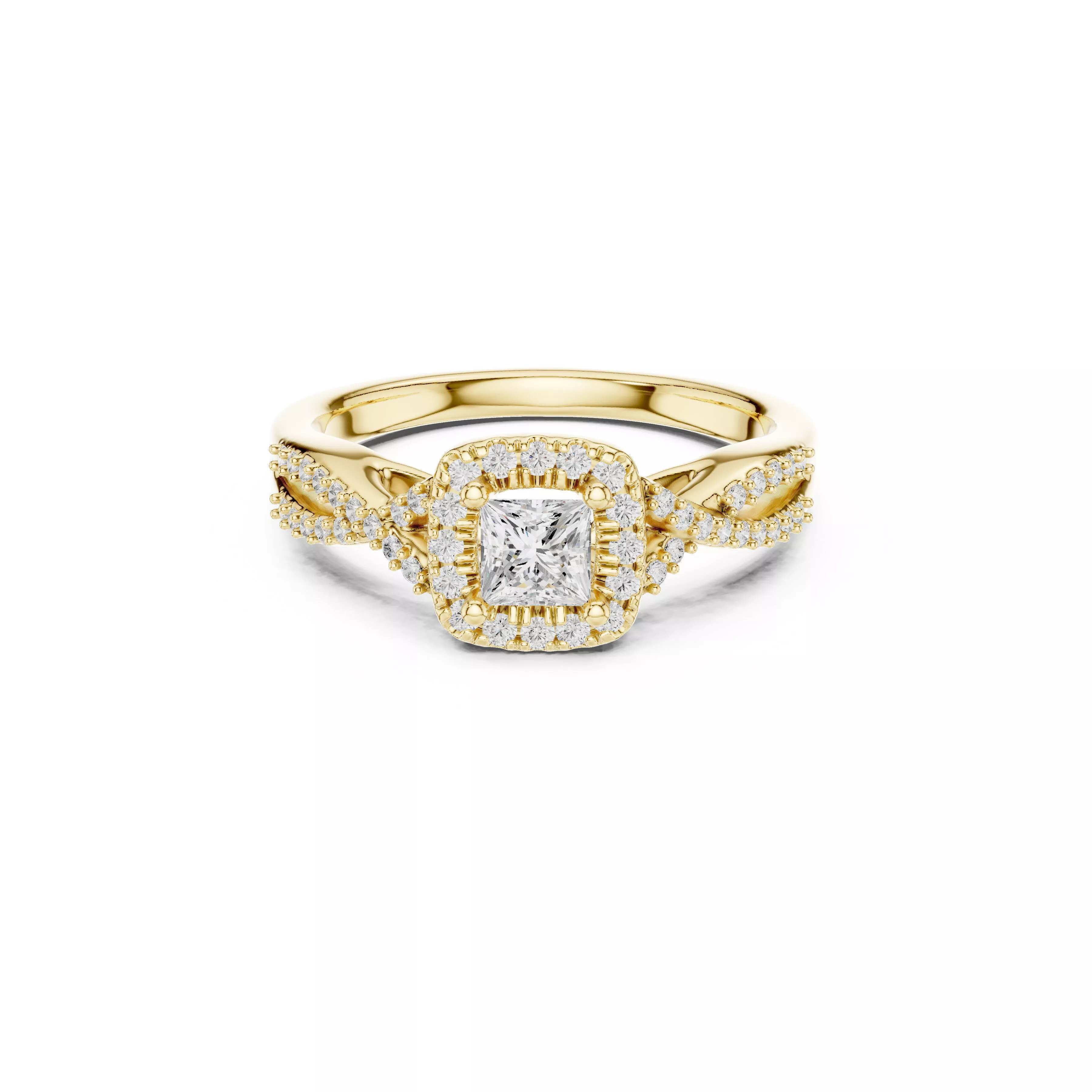 Princess Cut Twisted Halo Diamond Engagement Ring CAD 3D print model