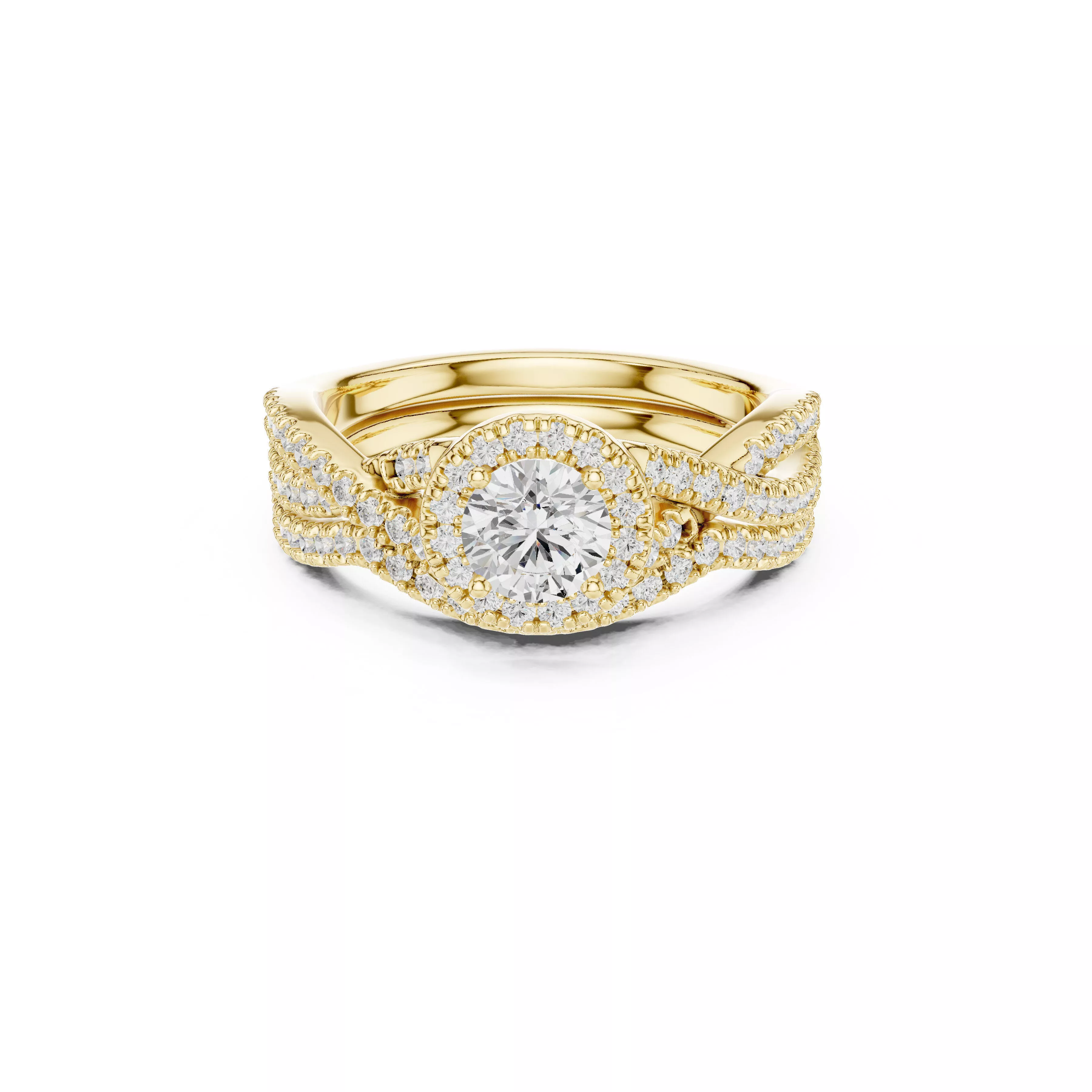 Twisted Split Shank Halo Diamond Engagement Ring CAD 3D print model