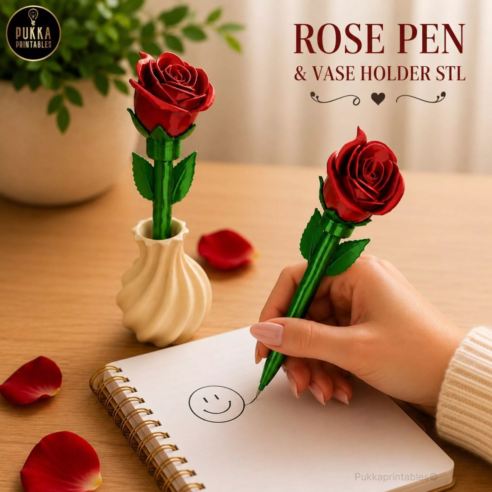 Rose Pen STL with Vase Holder for Bic Style Ink Cartridge 3D print model