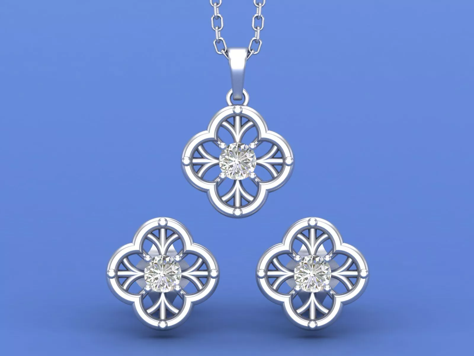 Elegant Filigree Clover Jewelry Set CAD Model Pendant And Studs 3D print model