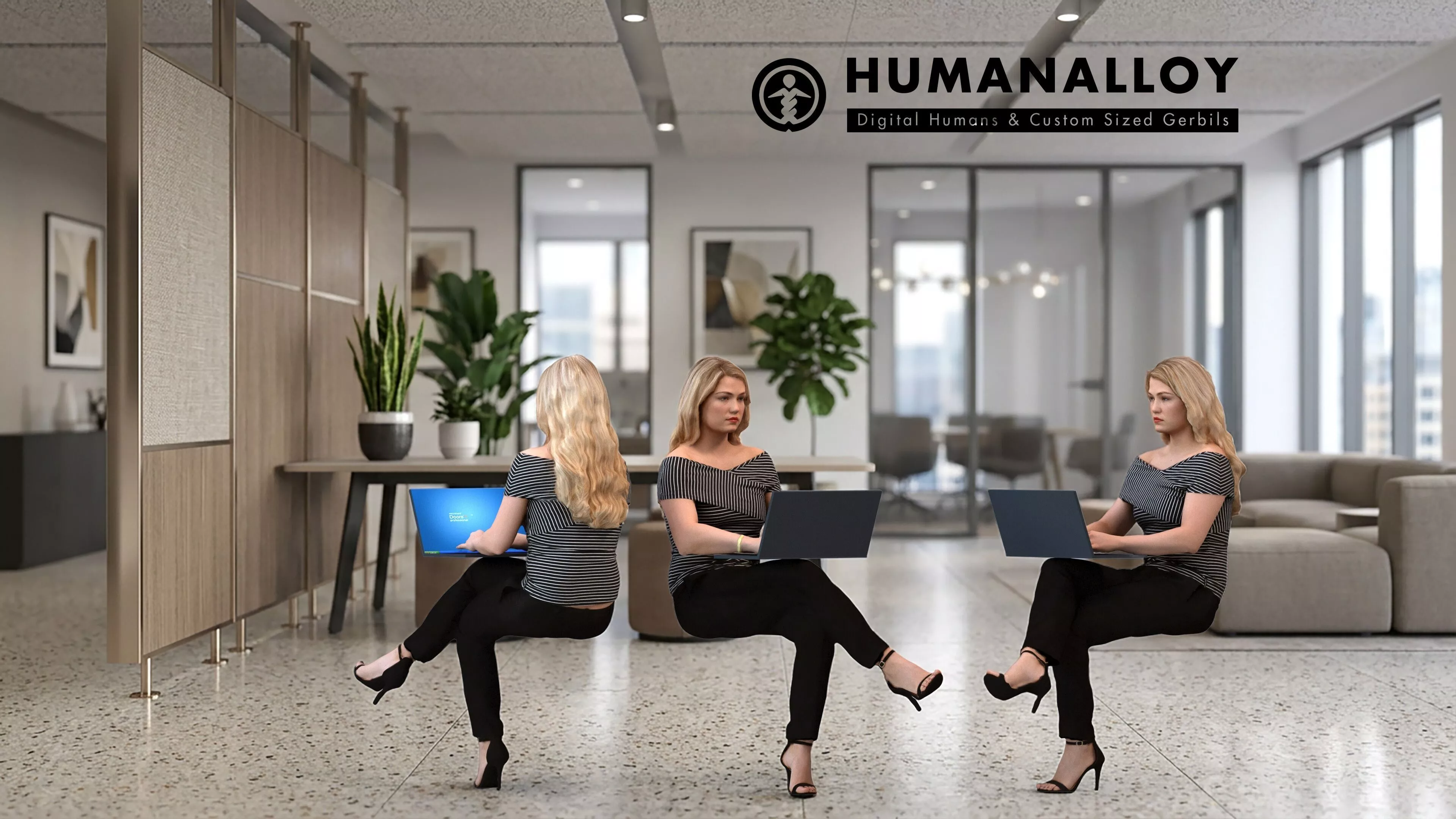Adult Caucasian woman working with laptop in professional 3D model