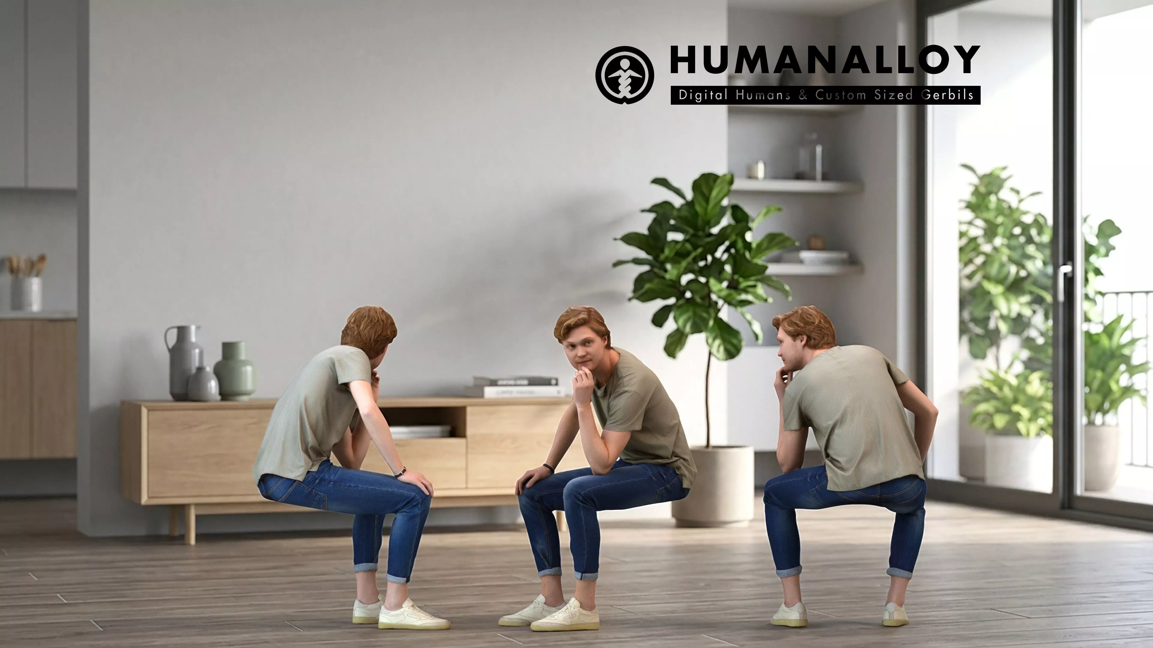 Adult Caucasian man relaxing at home in transitional seasonal 3D model