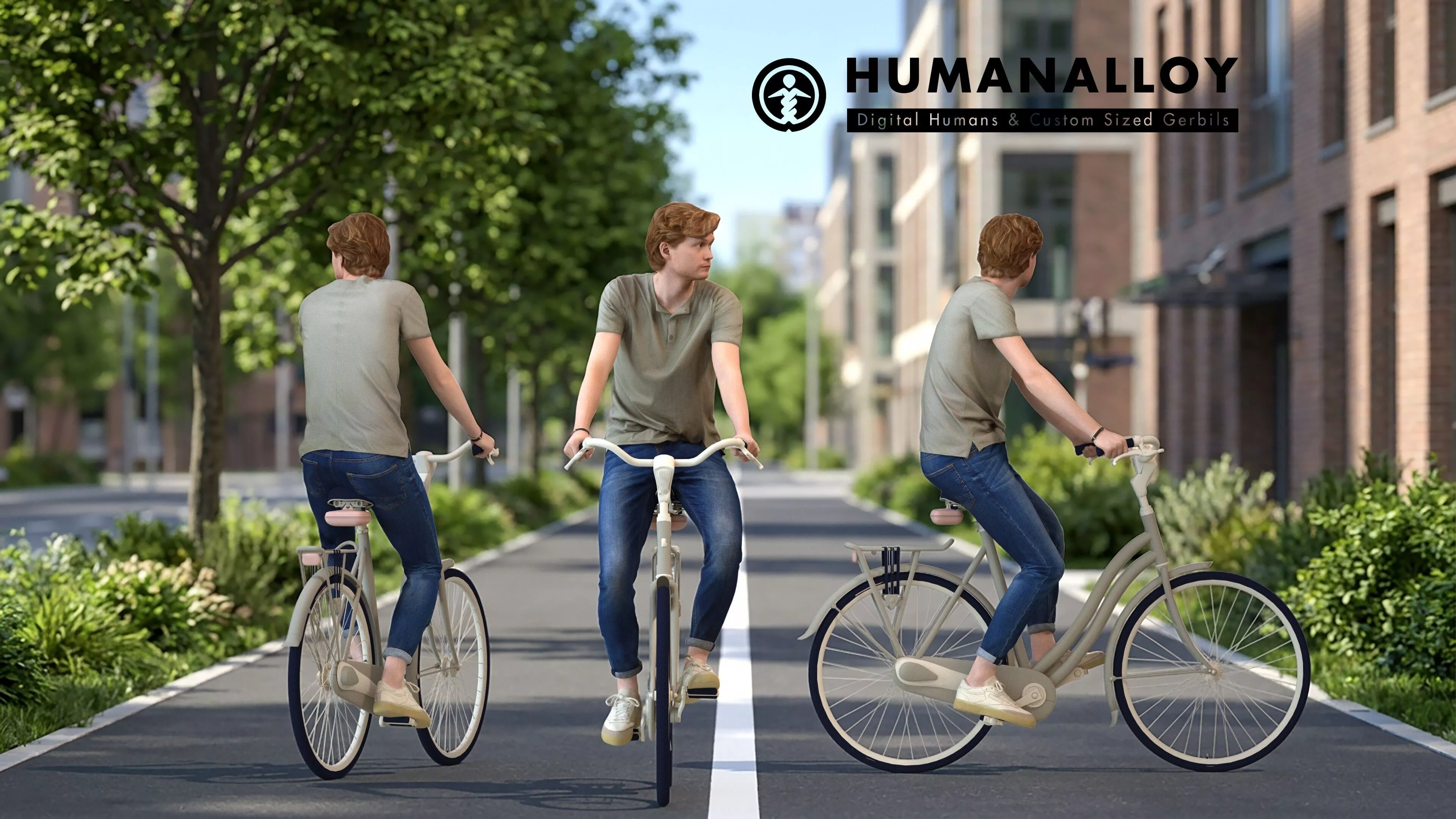 Adult Caucasian man commuting on bicycle in casual summer attire 3D model