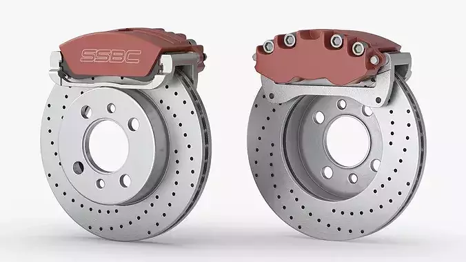 SSBC Drilled Brake Rotor with Red Caliper 3D model