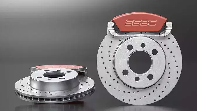 SSBC Drilled Brake Rotor with Red Caliper 3D model 5