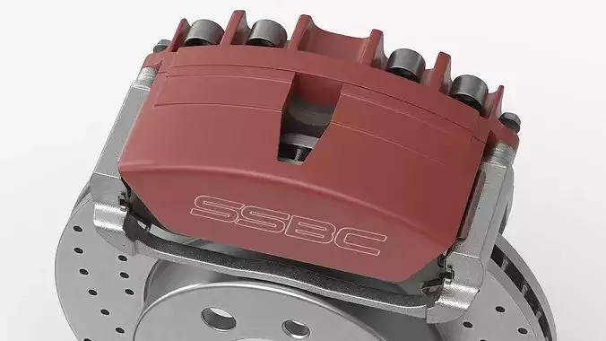 SSBC Drilled Brake Rotor with Red Caliper 3D model 7