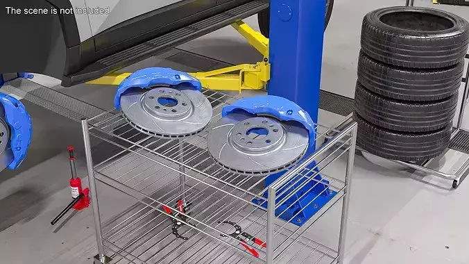 Slotted Brake Disc with Blue Racing Caliper 3D model 4