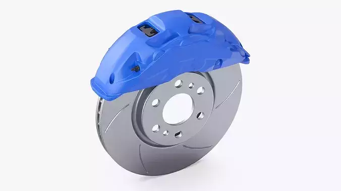 Slotted Brake Disc with Blue Racing Caliper 3D model 2