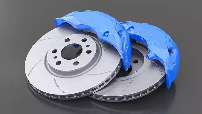 Slotted Brake Disc with Blue Racing Caliper 3D model 5