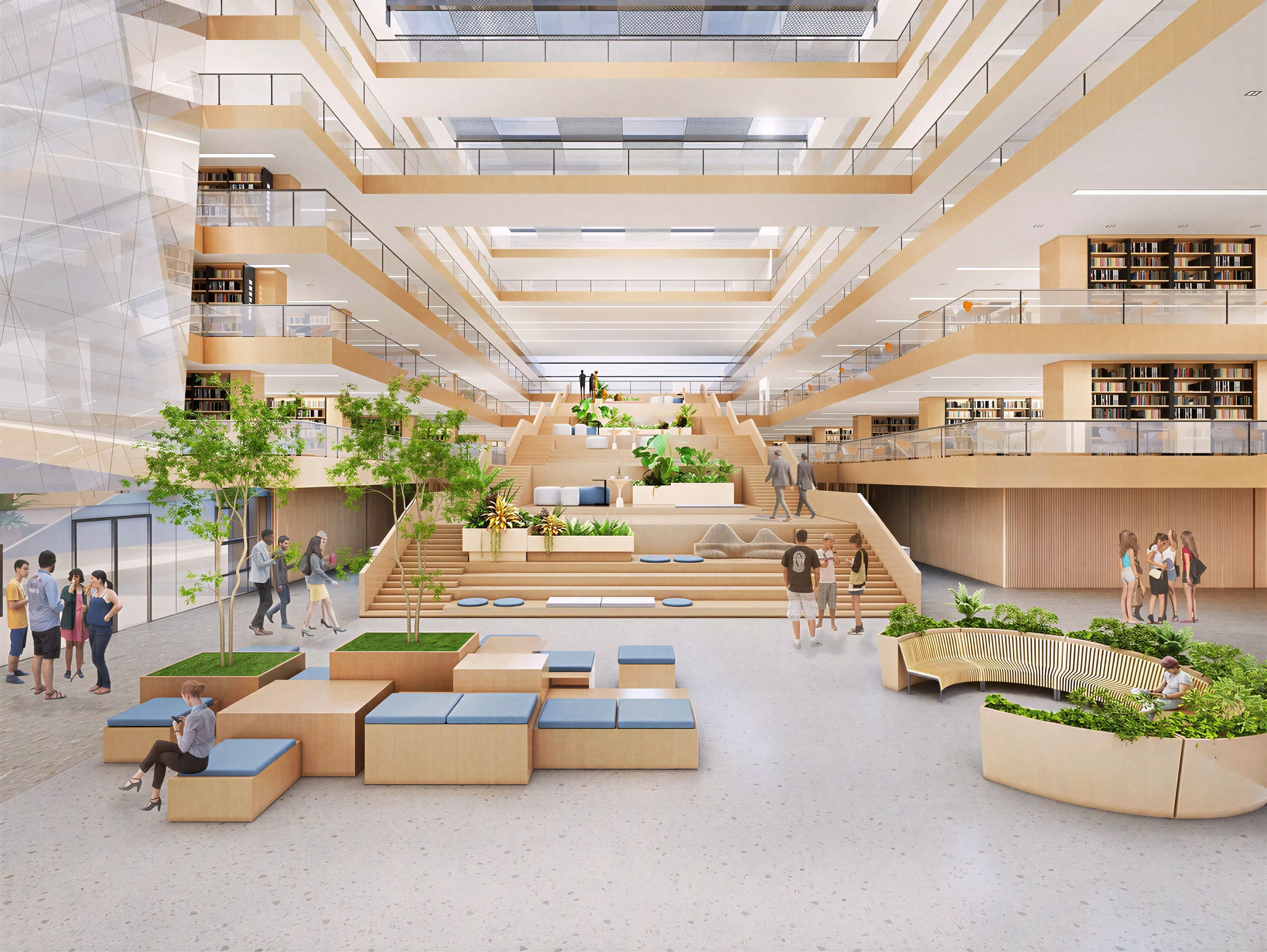 Warm Wood Modern Public Library Reading Hall 3D model