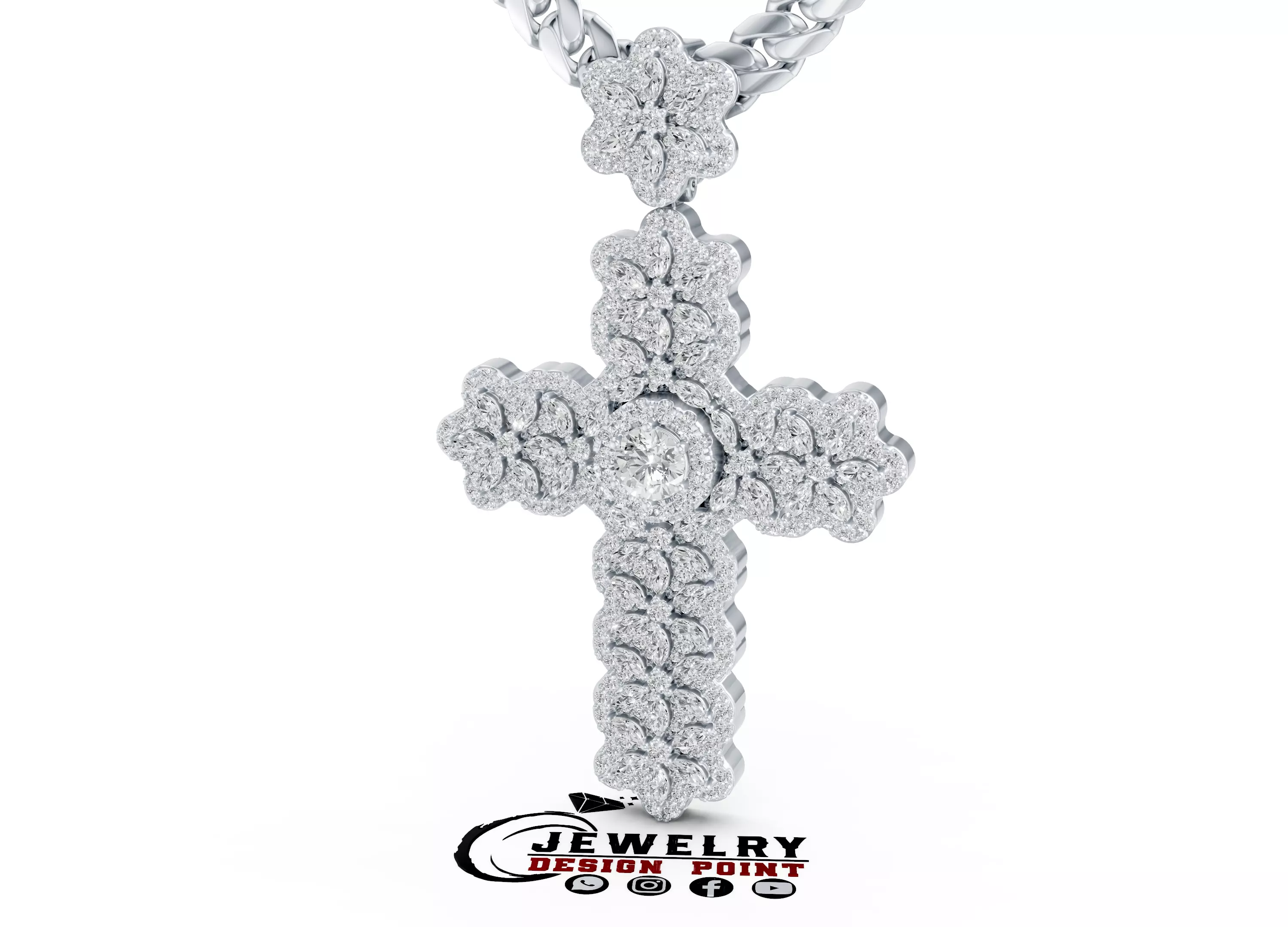 Custom Floral Radiance Diamond Cross Necklace - Cross Charm 3D print model