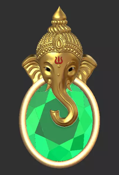Lord Ganesha Gold Pendant 3D Model with Emerald Gemstone Low-poly 3D model