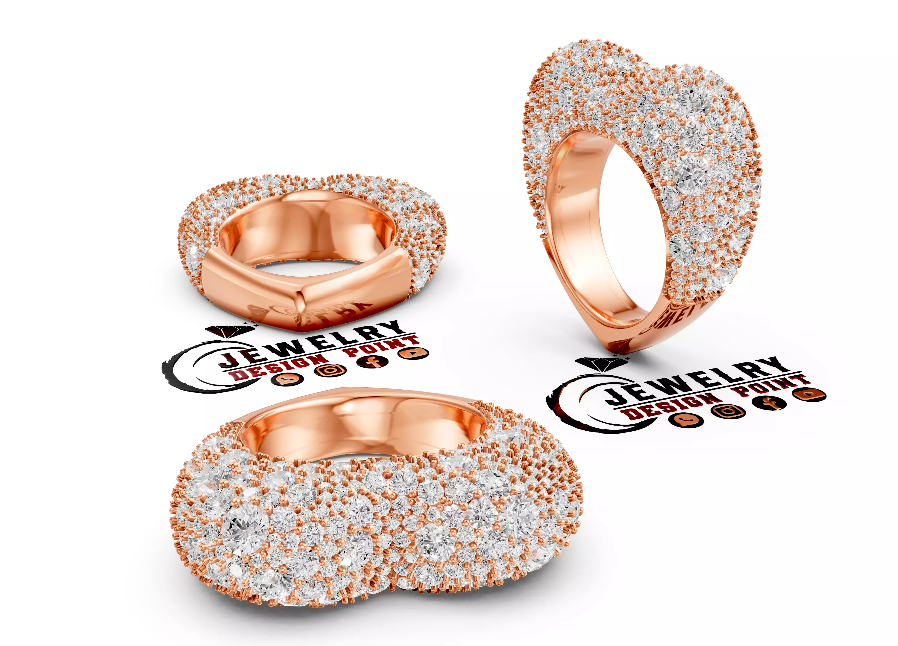 Custom Brilliant Bubble Heart w Mosaic Diamond Ring - Heart Ring 3D print model