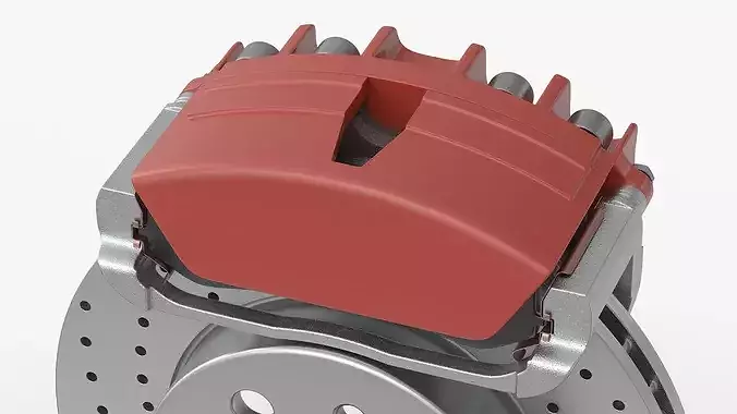 Drilled and Slotted Brake Disc with Red Caliper 3D model 7