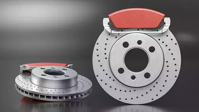 Drilled and Slotted Brake Disc with Red Caliper 3D model