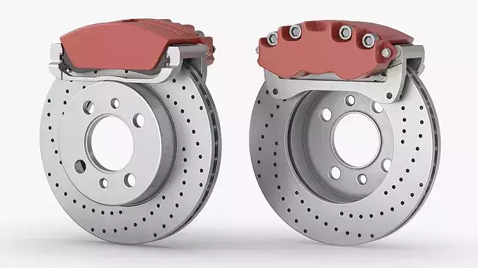 Drilled and Slotted Brake Disc with Red Caliper 3D model 6