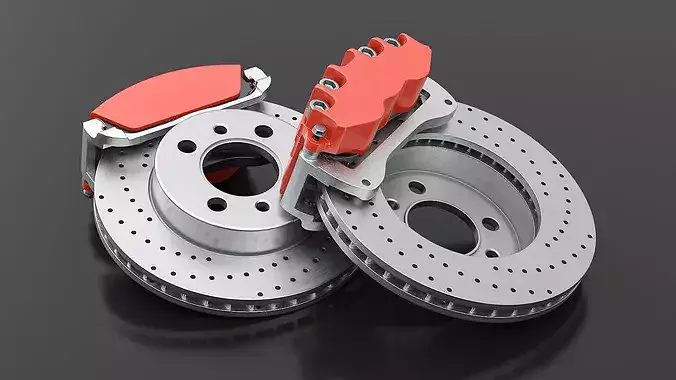 Drilled and Slotted Brake Disc with Red Caliper 3D model 5