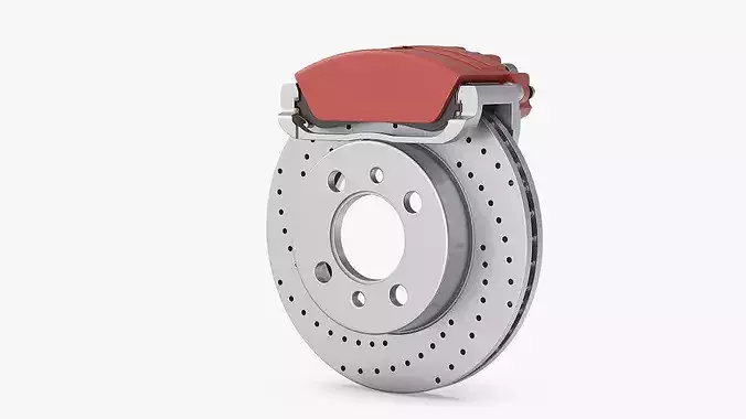 Drilled and Slotted Brake Disc with Red Caliper 3D model 2