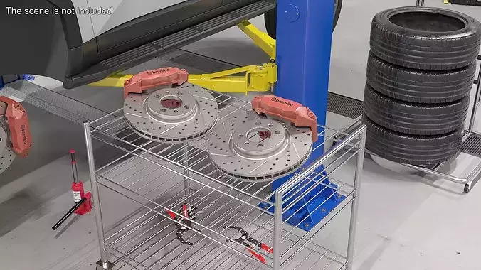 Brembo Drilled Brake Disc and Red Caliper 3D model 2