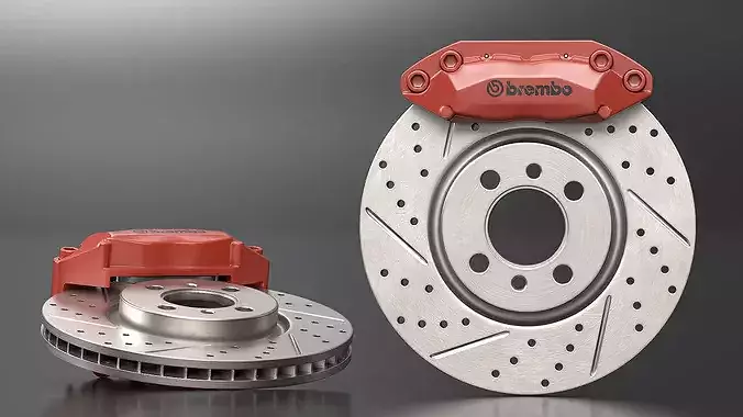 Brembo Drilled Brake Disc and Red Caliper 3D model 4