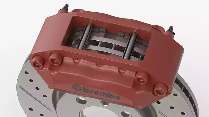 Brembo Drilled Brake Disc and Red Caliper 3D model 7