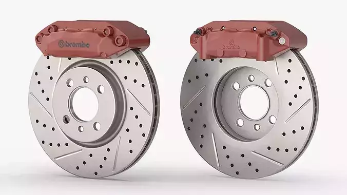 Brembo Drilled Brake Disc and Red Caliper 3D model 6