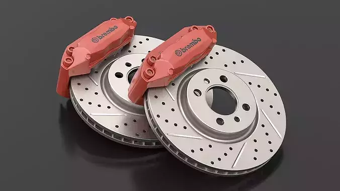 Brembo Drilled Brake Disc and Red Caliper 3D model 5